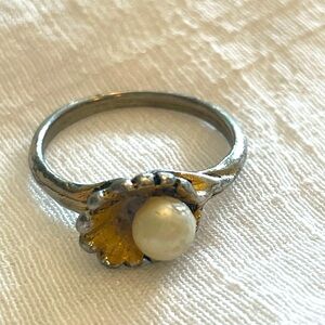 SALE Gold plated open round white pearl open shell smooth ring